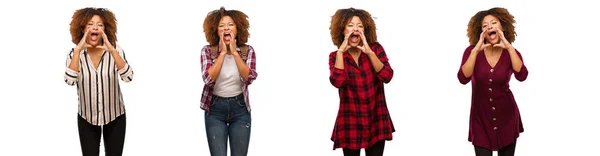 Genç Siyah Kadın Önüne Mutlu Bir Şeyler Bağırmak Topluluğu — Stok fotoğraf
