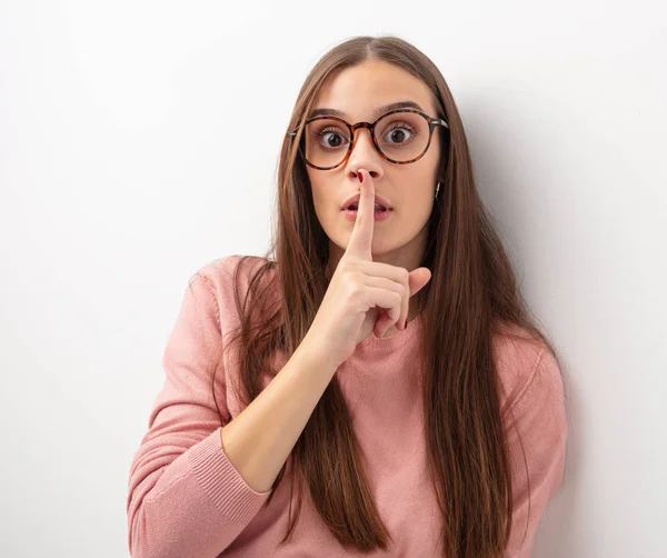 Young Cute Woman Keeping Secret Asking Silence — Stock Photo, Image