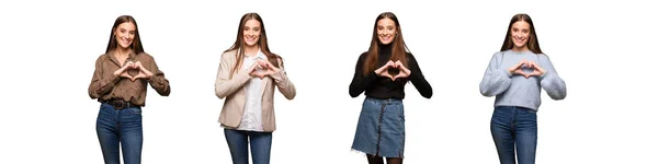 Coleção Jovem Mulher Bonito Fazendo Uma Forma Coração Com Mãos — Fotografia de Stock