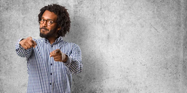 Handsome Business African American Man Cheerful Smiling Pointing Front — Stock Photo, Image