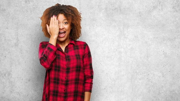 Young Black Afro Woman Shouting Happy Covering Face Hand — Stock Photo, Image