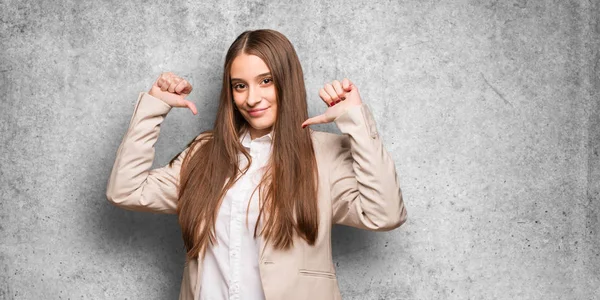 Young Caucasian Business Woman Pointing Fingers Example Follow — Stock Photo, Image