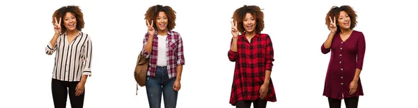 Collection Young Black Woman Fun Happy Doing Gesture Victory — Stock Photo, Image