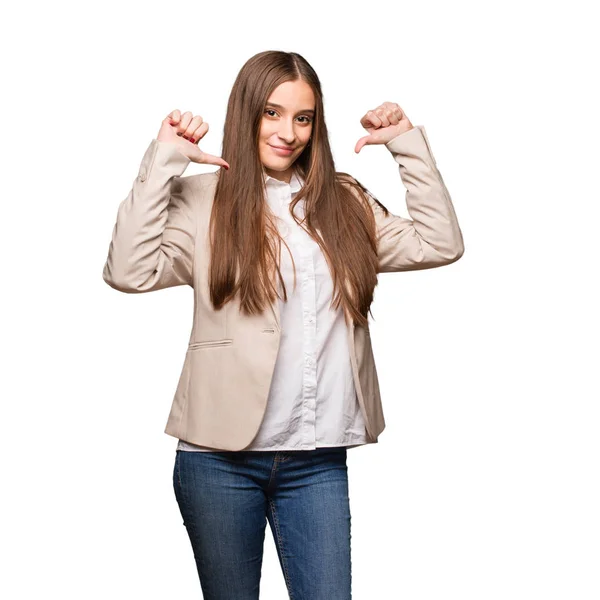 Young Caucasian Business Woman Pointing Fingers Example Follow — Stock Photo, Image