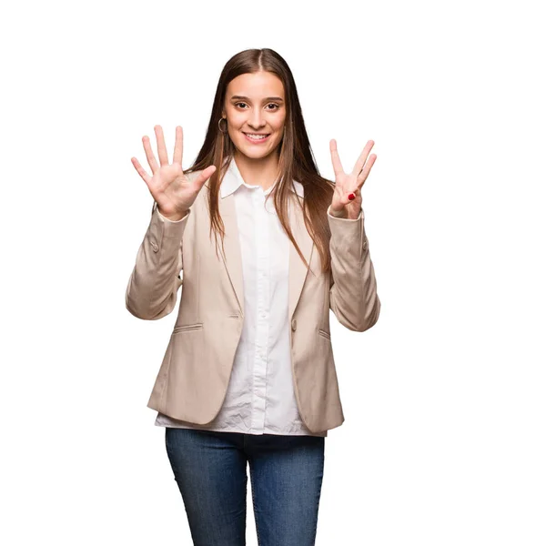 Young Caucasian Business Woman Showing Number Eight — Stock Photo, Image