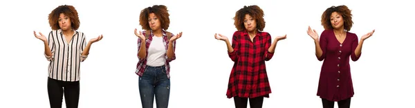 Collection Young Black Woman Doubting Shrugging Shoulders — Stock Photo, Image