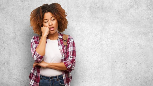 Young Traveler Black Woman Tired Very Sleepy — Stock Photo, Image