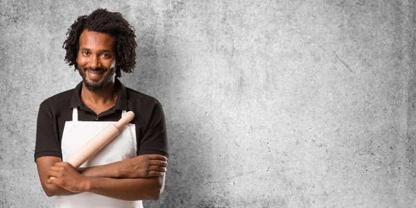 Handsome African American Baker Crossing His Arms Smiling Happy Being — Stock Photo, Image