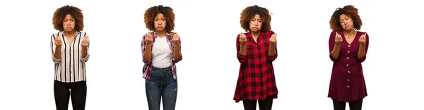 Coleção Jovem Mulher Negra Fazendo Gesto Necessidade — Fotografia de Stock