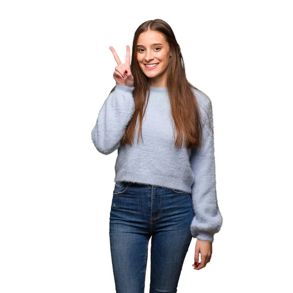 Young Caucasian Woman Fun Happy Doing Gesture Victory — Stock Photo, Image
