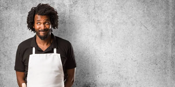 Handsome African American Baker Doubting Confused Thinking Idea Worried Something — Stock Photo, Image