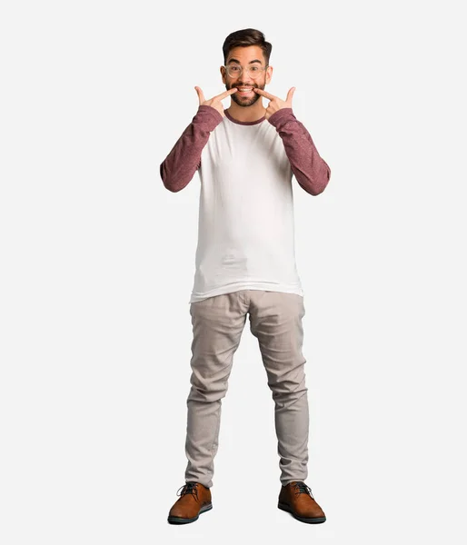 Young Handsome Man Smiles Pointing Mouth — Stock Photo, Image