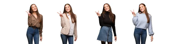 Collection Young Cute Woman Doing Gesture Victory — Stock Photo, Image