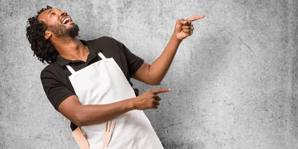 Handsome African American Baker Pointing Side Smiling Surprised Presenting Something — Stock Photo, Image