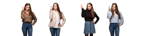 Coleção Jovem Mulher Bonito Fazendo Gesto Típico Italiano — Fotografia de Stock