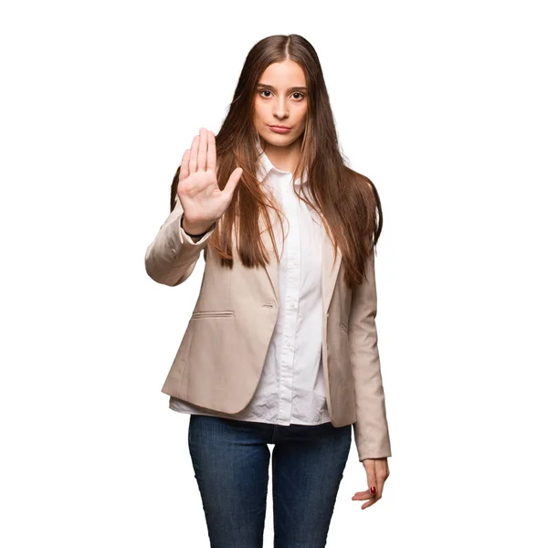 Young Caucasian Business Woman Putting Hand Front — Stock Photo, Image
