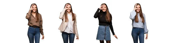 Колекція Молодої Милої Жінки Впевнена Робить Нормальний Жест Очах — стокове фото