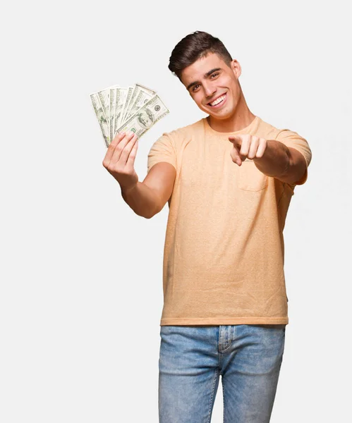 Jovem Segurando Dólares Alegres Sorridentes — Fotografia de Stock