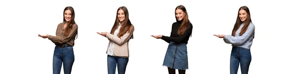 Collection Young Cute Woman Holding Something Hands — Stock Photo, Image