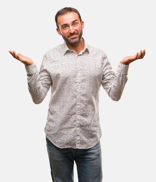 Caucasian Man Grey Brackground Doubting Shrugging Shoulders — Stock Photo, Image