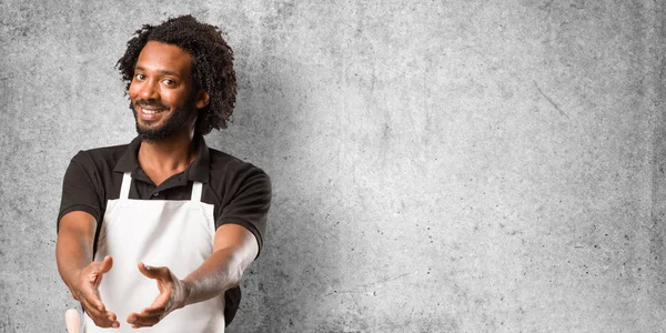 Handsome African American Baker Reaching Out Greet Someone Gesturing Help — Stock Photo, Image