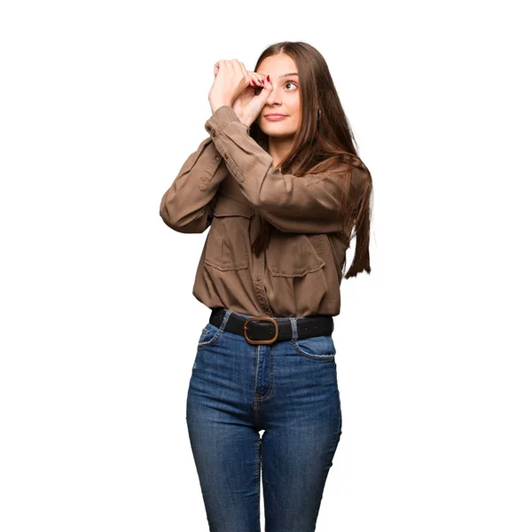 Young Caucasian Woman Making Gesture Spyglass — Stock Photo, Image