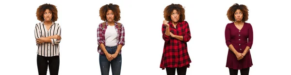 Coleção Jovem Mulher Negra Pensando Uma Ideia — Fotografia de Stock