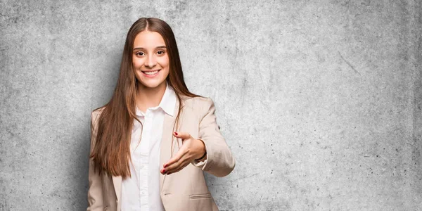 Young Caucasian Business Woman Reaching Out Greet Someone — Stock Photo, Image