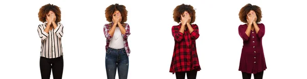 Collection Young Black Woman Feels Worried Scared — Stock Photo, Image