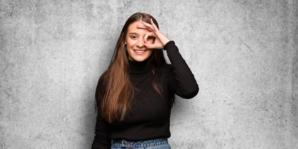 Young Cute Woman Confident Doing Gesture Eye — Stock Photo, Image