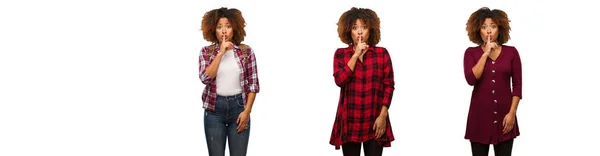 Collection Young Black Woman Keeping Secret Asking Silence — Stock Photo, Image