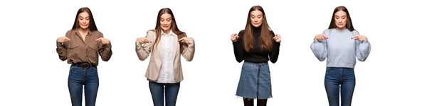 Coleção Jovem Mulher Bonito Apontando Para Baixo — Fotografia de Stock