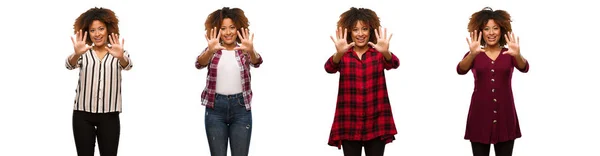 Collection Young Black Woman Showing Number Ten — Stock Photo, Image