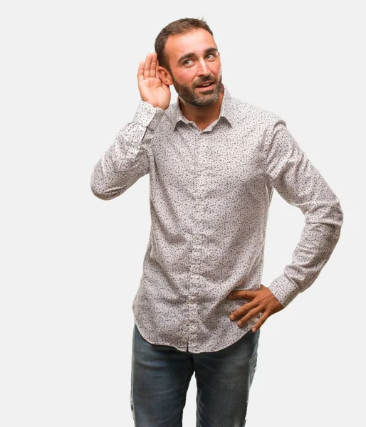 Caucasian Man Grey Brackground Try Listening Gossip — Stock Photo, Image