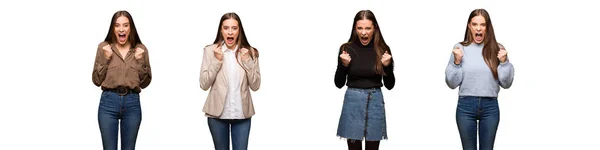 Collection Young Cute Woman Screaming Very Angry Aggressive — Stock Photo, Image