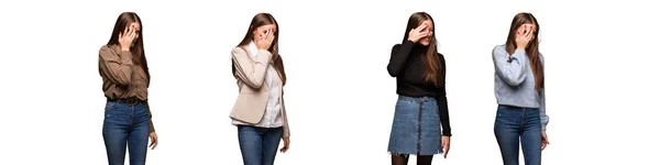 Collection Young Cute Woman Embarrassed Laughing Same Time — Stock Photo, Image