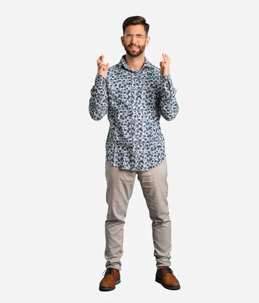 Young Cool Man Crossing Fingers Having Luck — Stock Photo, Image