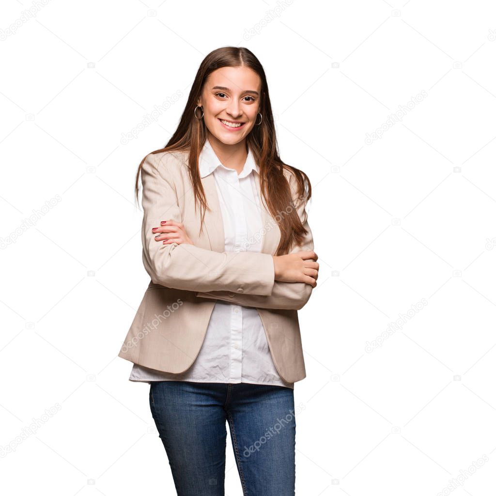 Young caucasian business woman crossing arms, smiling and relaxed