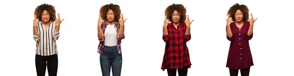 Collection Young Black Woman Crossing Fingers Having Luck — Stock Photo, Image