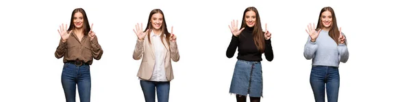 Collection Young Cute Woman Showing Number Six — Stock Photo, Image