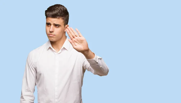 Young Business Cool Man Putting Hand Front — Stock Photo, Image