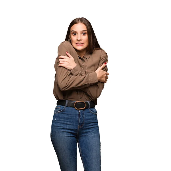 Young Caucasian Woman Going Cold Due Low Temperature — Stock Photo, Image