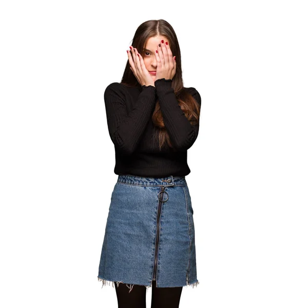 Young Cute Woman Feels Worried Scared — Stock Photo, Image
