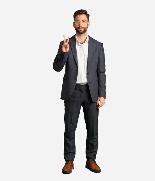 Young Handsome Business Man Showing Number Two — Stock Photo, Image