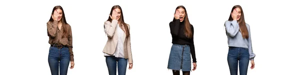 Collection Young Cute Woman Shouting Happy Covering Face Hand — Stock Photo, Image