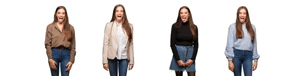 Sammlung Junger Netter Frau Witzig Und Freundlich Zunge Zeigend — Stockfoto