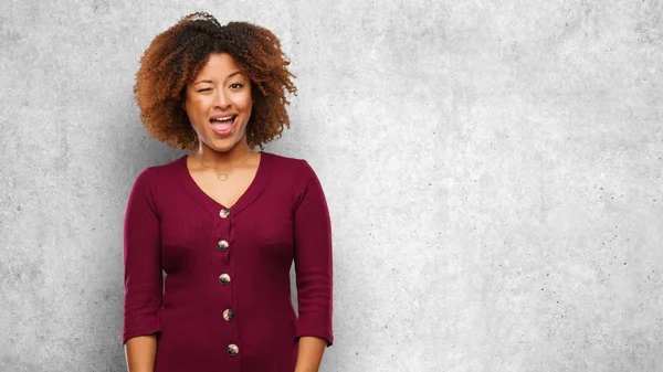 Young Black Afro Woman Winking Funny Friendly Carefree Gesture — Stock Photo, Image