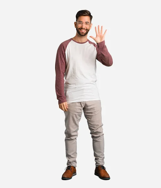 Young Handsome Man Showing Number Five — Stock Photo, Image