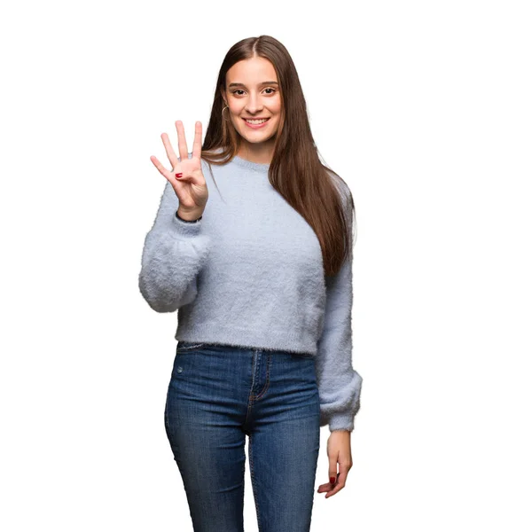 Young Caucasian Woman Showing Number Four — Stock Photo, Image