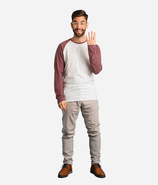 Young Handsome Man Showing Number Four — Stock Photo, Image